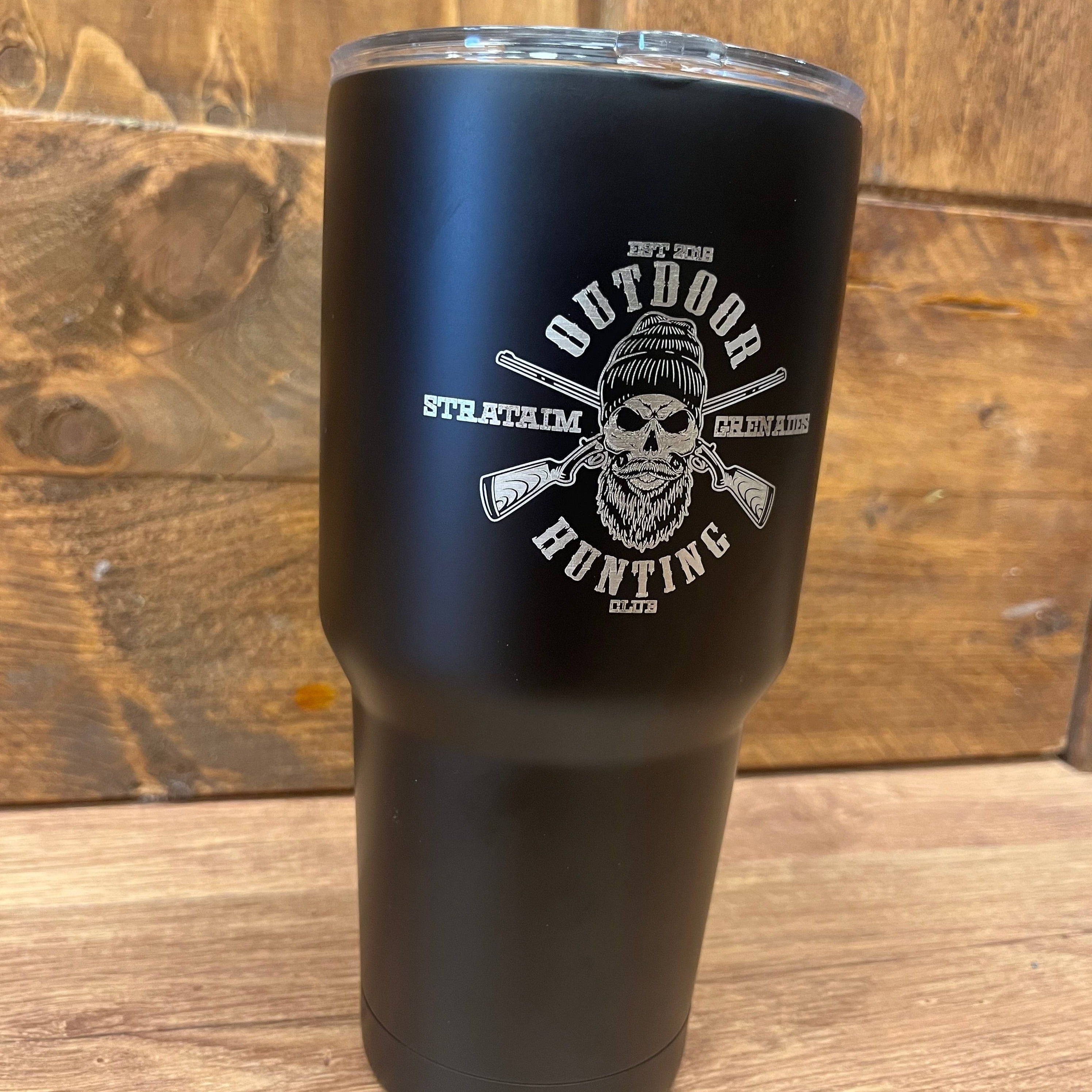 Hunting Club themed Tumbler on outdoor adventure backdrop